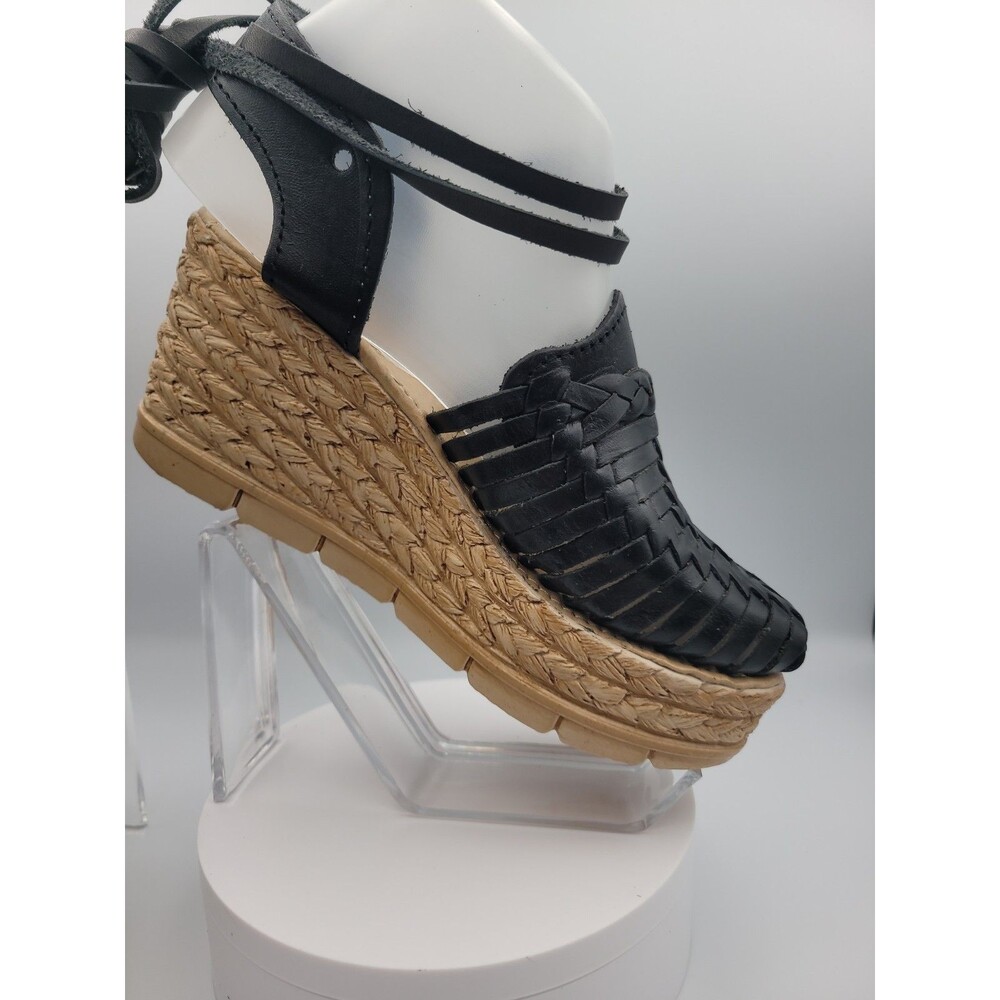 NEW-Black Mexican Leather Womens  5 Huarache Wedge Platform Sandal